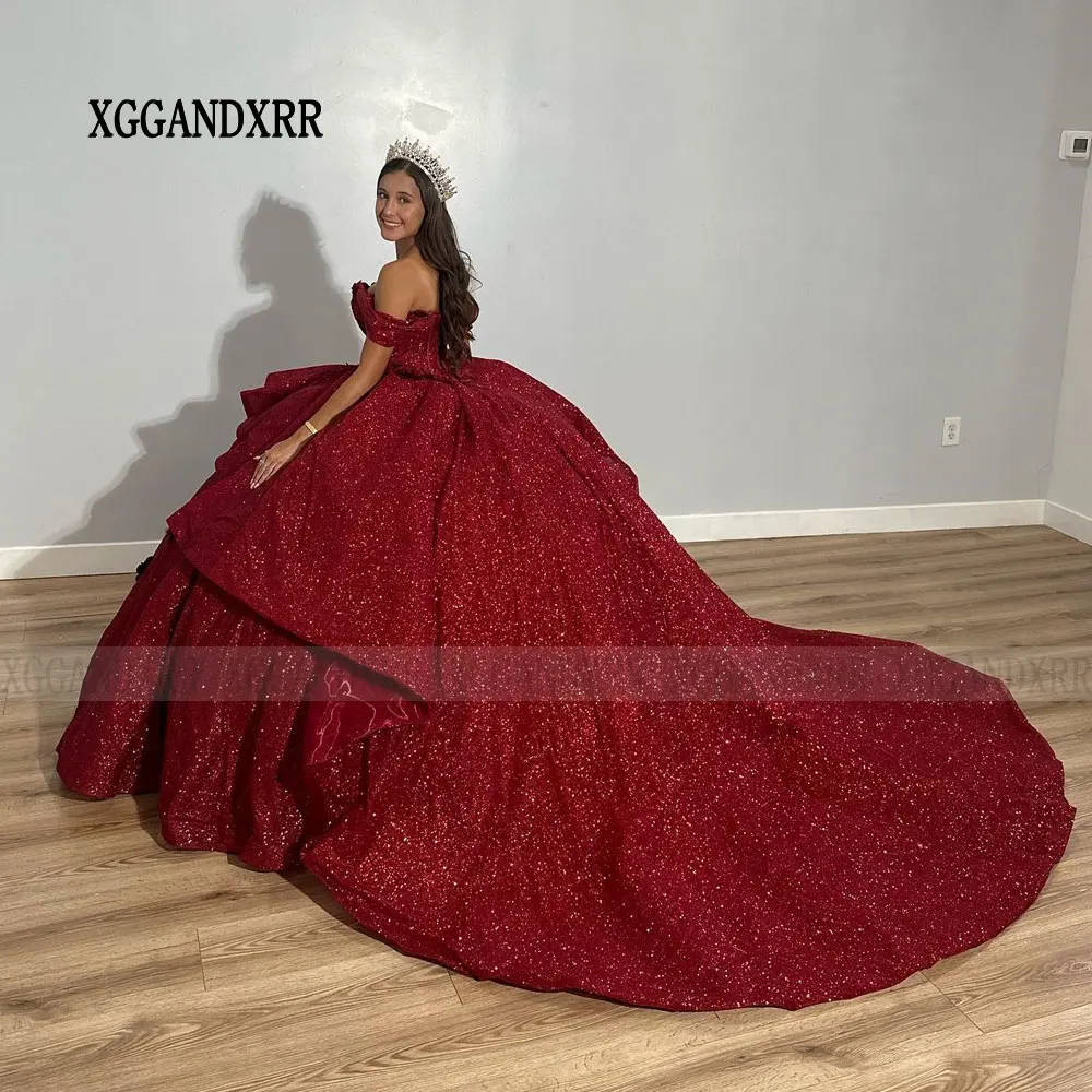 Sparkly Burgundy Quinceanera Dress 2024 Ball Gown Off The Shoulder Corset Flower Pageant Sweet 15 Party Vestidos De XV Años Miss