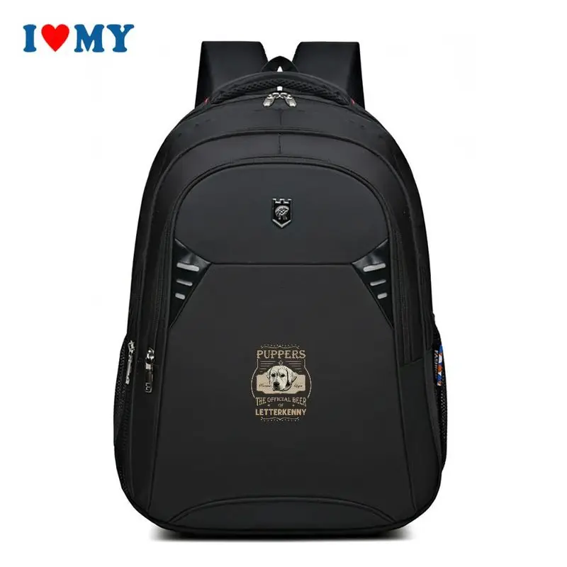 

Black Sports Backpack for Men Women, Spacious Multi-pocket Bag for College, Travel, Outdoor, Featuring PUPPERS Dog Graphic.
