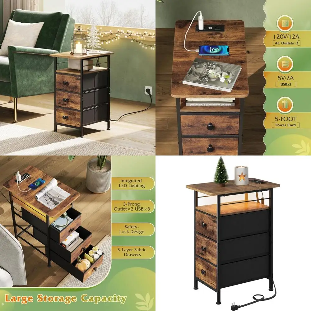 

Rustic Brown Charging Station Side Table with LED Lights, Fabric Drawers, and Open Shelf for Living Room and Bedroom in Small Sp
