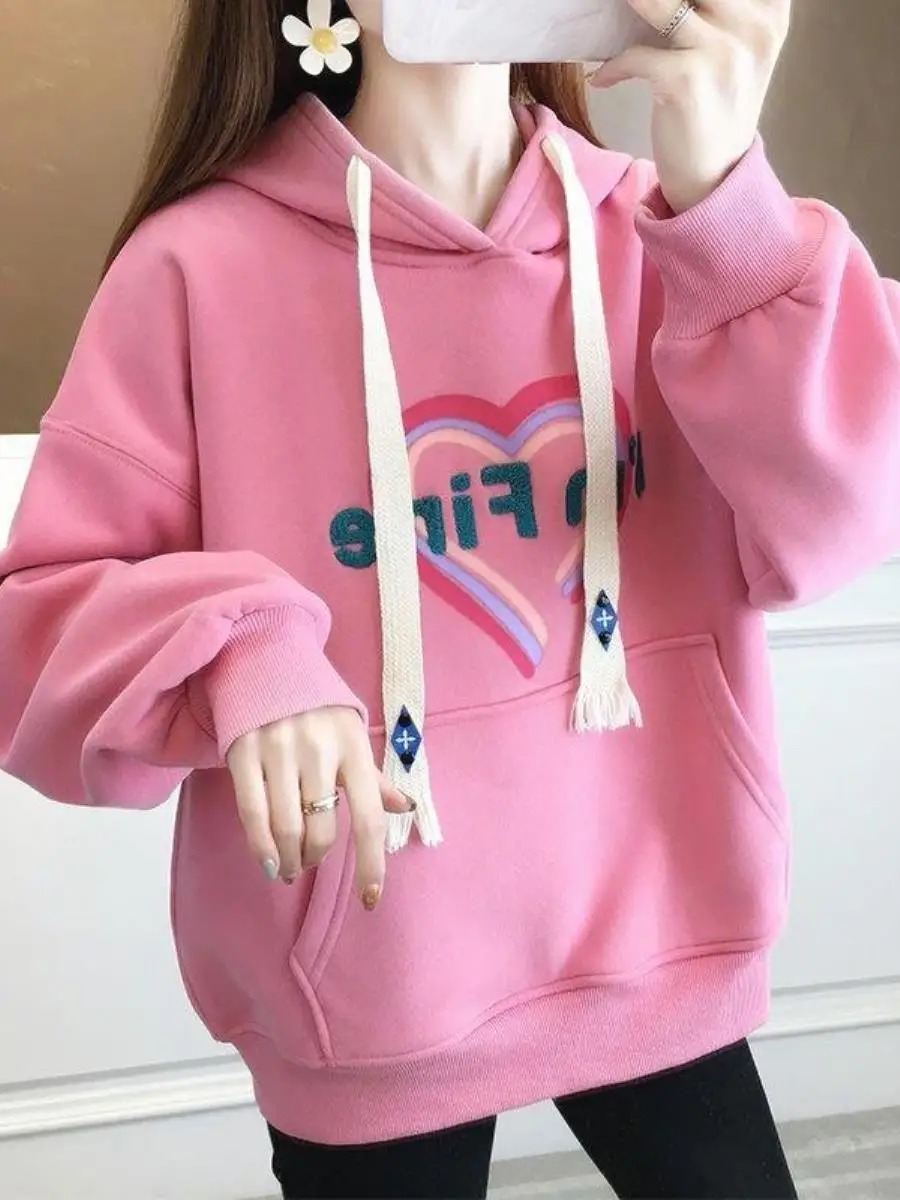 

Fce толстовка с капюшоном и принтом сердца, женская свободная толстовка против старения, осень-зима, Новое поступление, универсальное студенческое джемтовое пальто