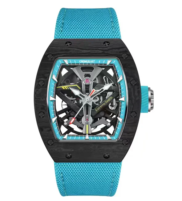 CRONUSART Men Automatic Watch 50mm Tonneau Mechanical Wristwatch Carbon Fiber Case Luminous Sapphire Mirror Wingsuit Flying Dial