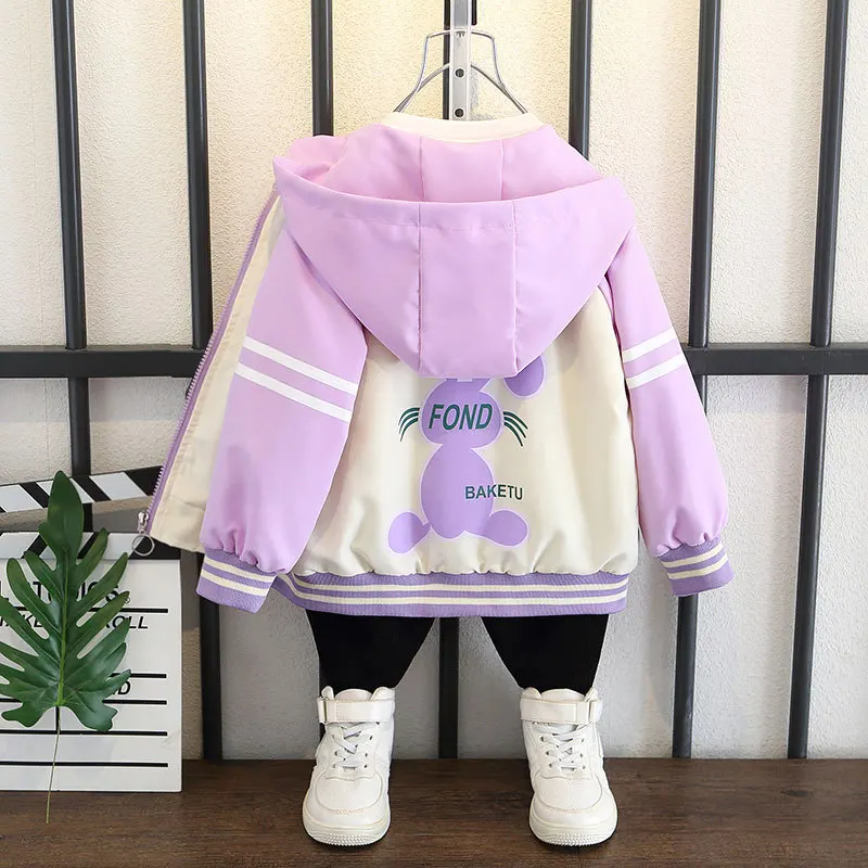 

Kids' Coat Spring Fall Girls' Dopamine Color Cartoon Print Long-sleeved Coat Girls' Baby Hooded Baseball Uniform