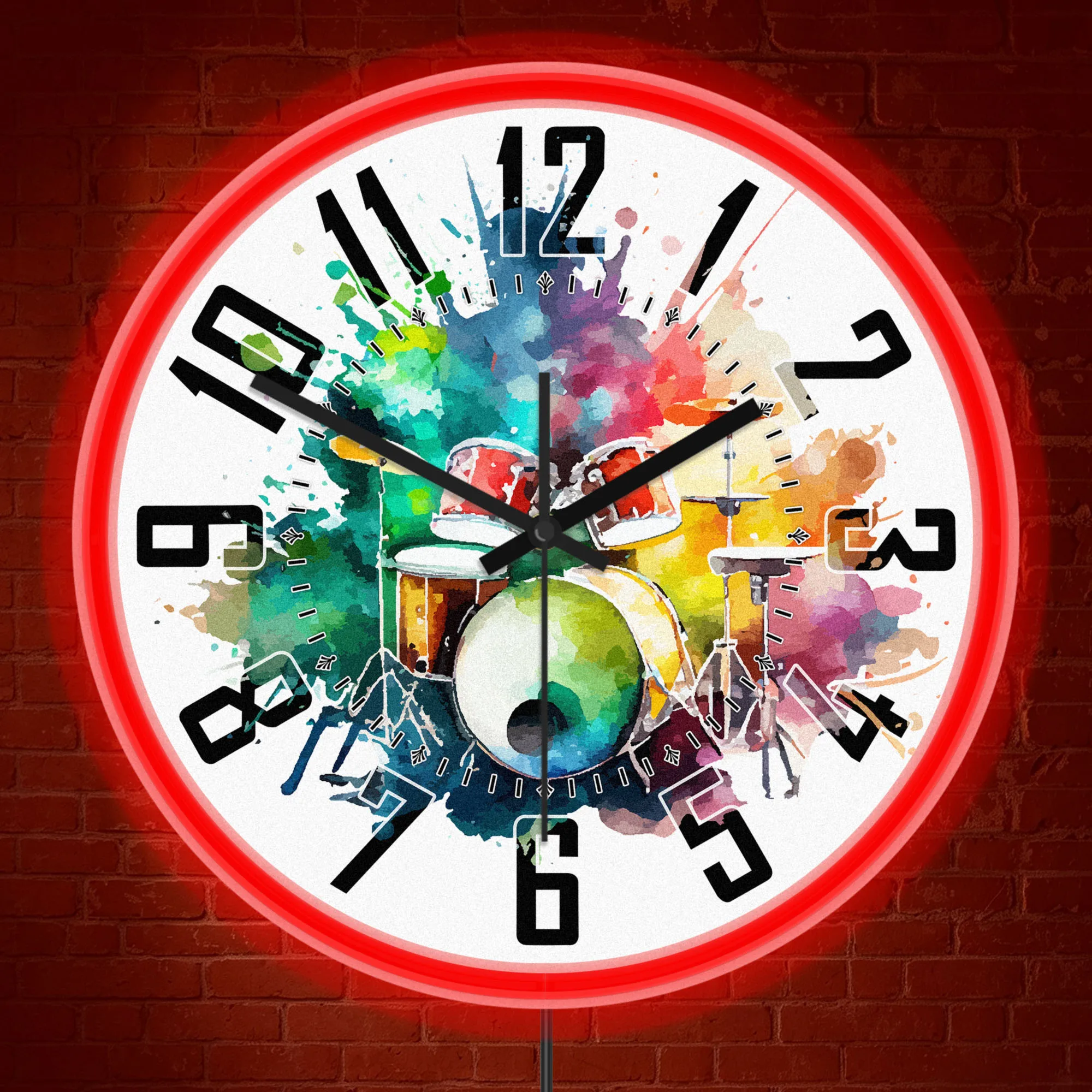 Watercolor Drum Set Illuminated Wall Clock with Glowing Neon Border for Music Room Percussion Instrument LED Light Up Wall Clock