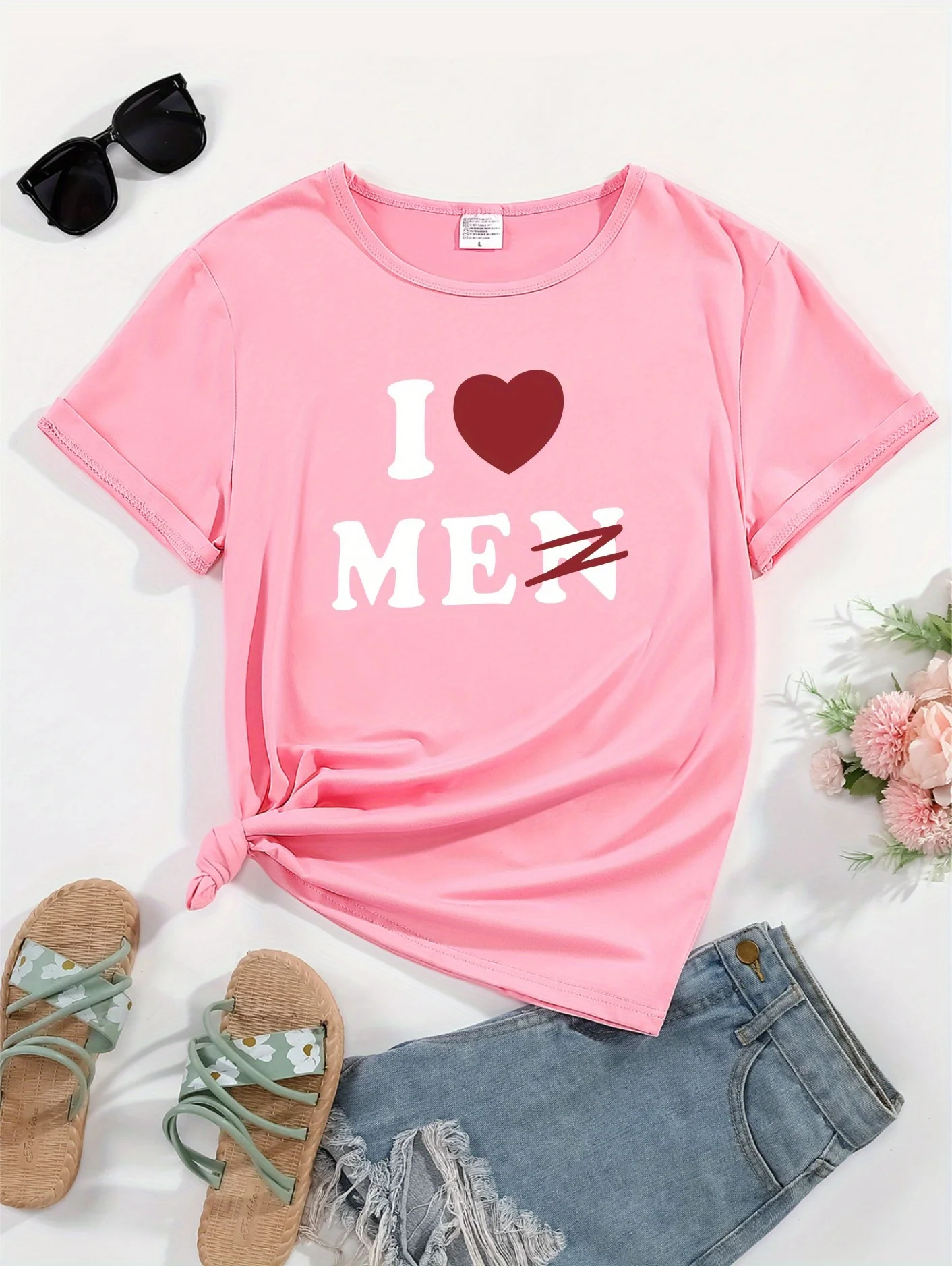 Camiseta informal de cuello redondo para mujer, Top de moda cómodo, ropa deportiva de moda, estilo Simple, Camiseta con estampado "I Love Me"