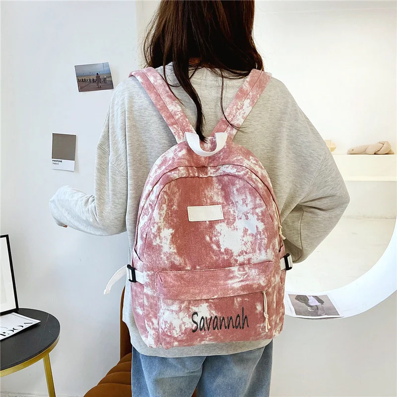 Customized Name Student Backpack Female High-Capacity Middle And High School Students Tie Dyed Canvas Backpack