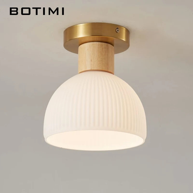 

BOTIMI White Glass Ceiling Lights For Corridor Nordic Dressing Room Surface Mounted Golden Metal Base Wooden Indoor Lighting