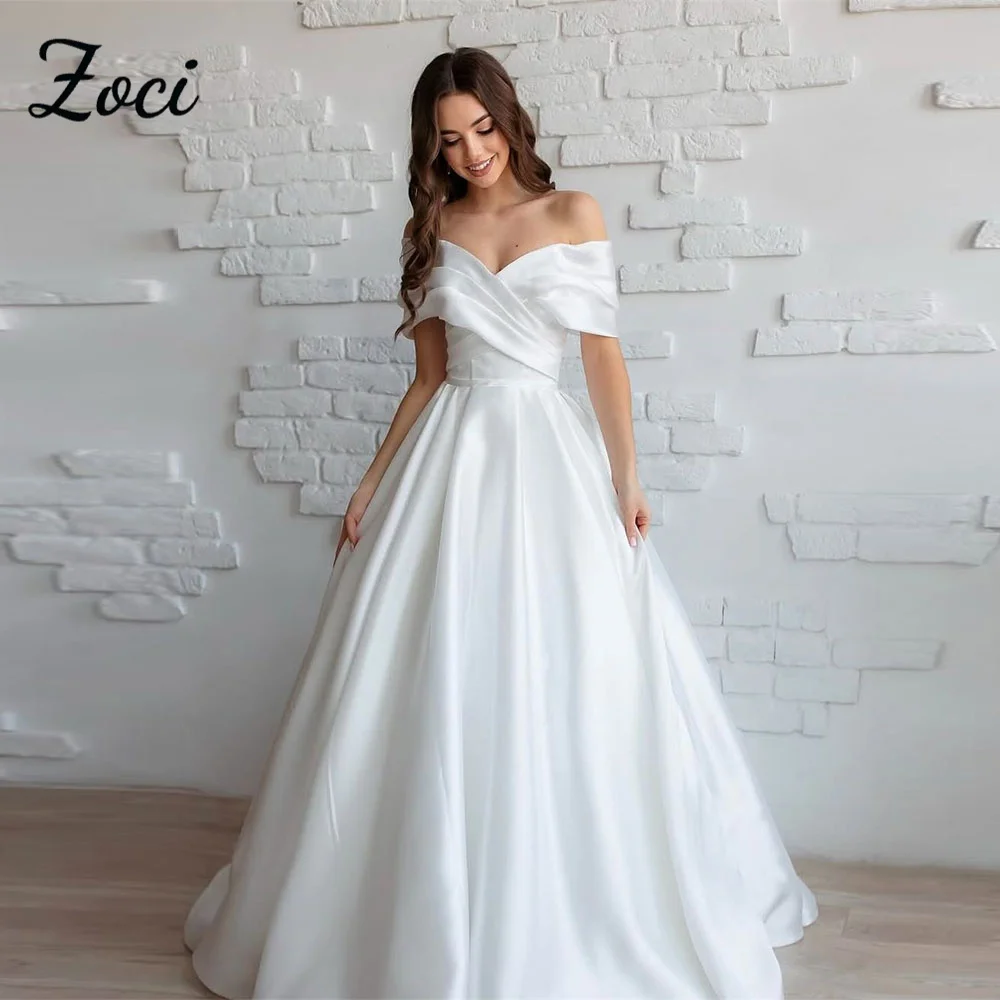 

Zoci Simple Off Shoulder Wedding Dresses V Neck Soft Satin A Line Bride Dress Customized Chapel Train Draped Long Bridal Gown