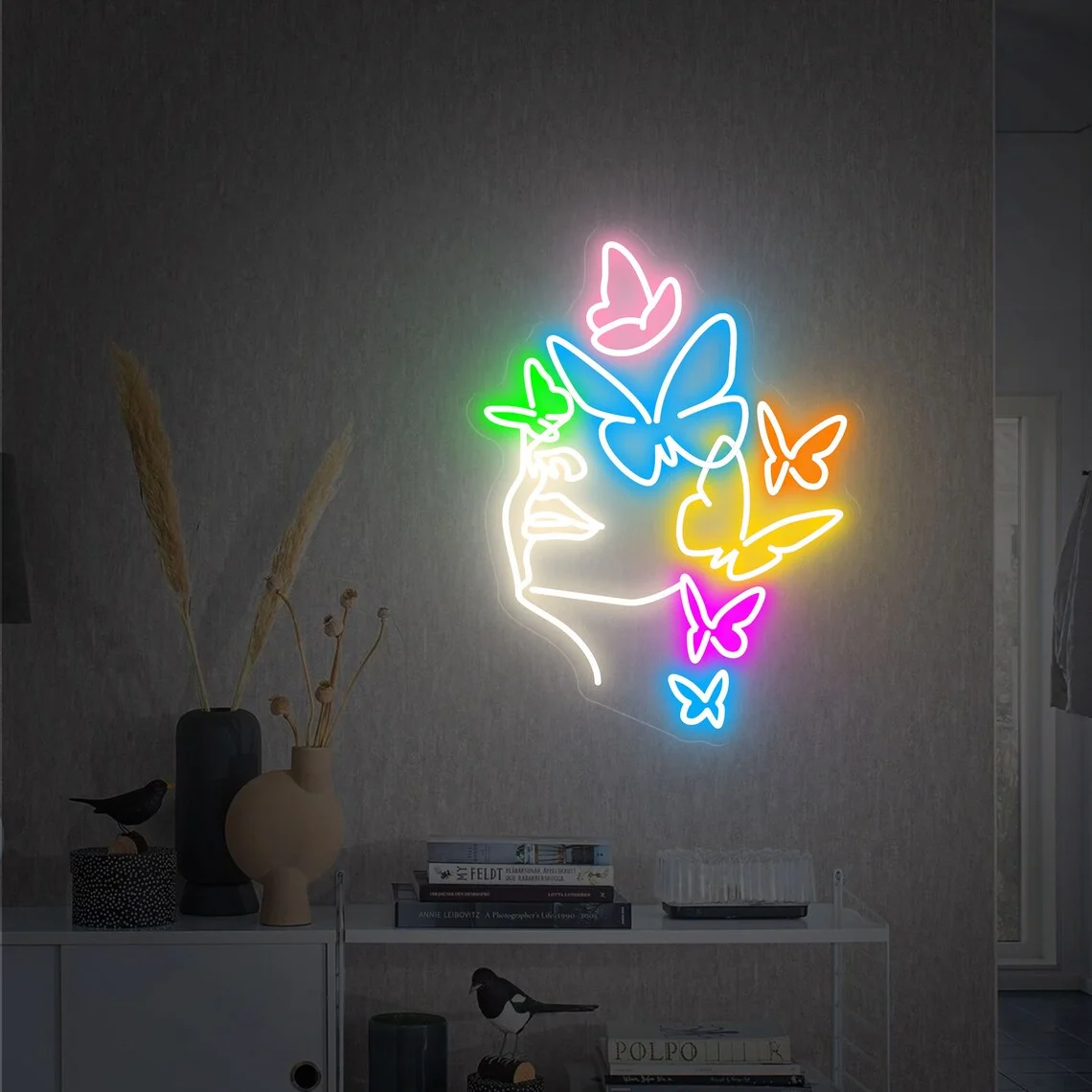 Girl Face Neon Sign Woman with Butterfly Led Neon Sign Bedroom Art Wall Decor Birthday Gifts Man Cave Bar Sign