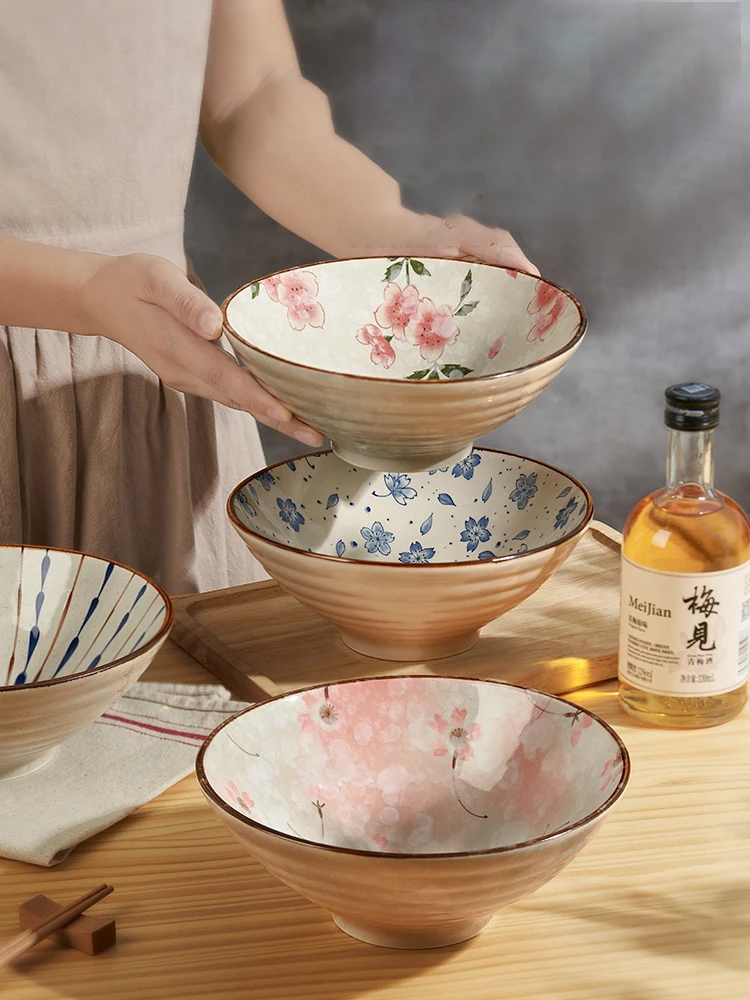 Japanese Ceramic Noodle Bowl Household Printing Ramen Bowl Delicate Soup Bowl Fruit Vegetable Salad Deep Plate Tableware