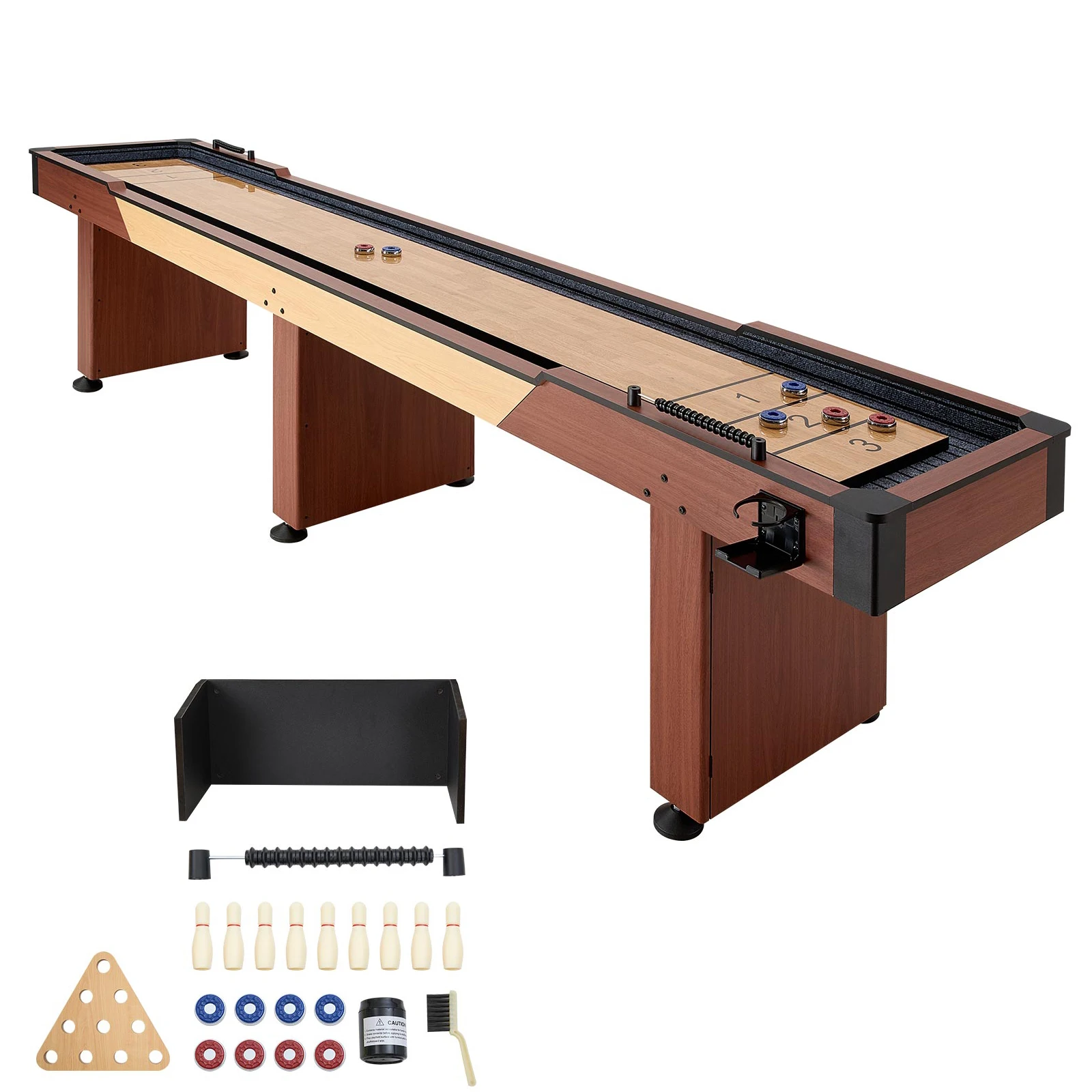 12 ft Shuffleboard Table, 2 in 1 Shuffleboard and Bowling Combo Set, 8 Pucks, Shuffle Board with Rustic Wood Finish, Scratch-Resistant Playfield, Bowling Set, Wax, Brush, Designed for Family Game Room
