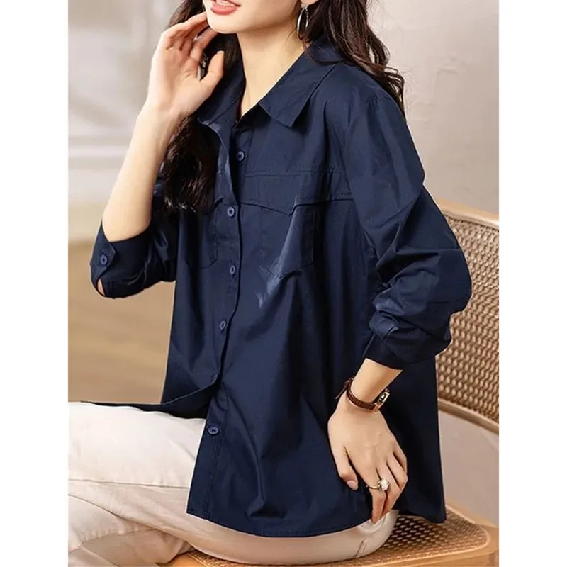 

Spring Autumn Female Long Sleeves Shirt Coat Korean Women Solid Cotton Shirts Jacket Ladies Fashion Leisure Cardigan Blouse Tops