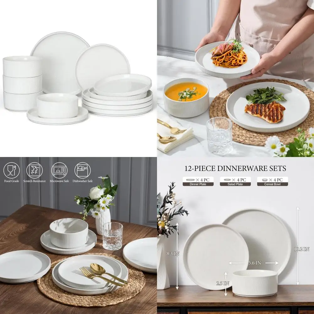 

e-far 12-piece plates and bowls sets, stoneware dinnerware dishes sets for 4, kitchen modern dining dishware, chip & scratch res