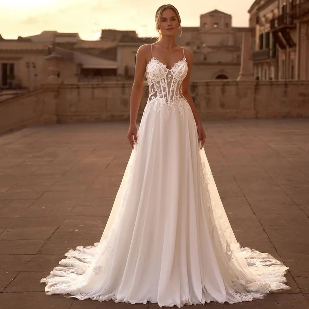 

Modern Spaghetti Straps Customized Wedding Dress Elegant Sweetheart A-Line Bridal Gown Dreamy Appliques Chiffon Vestido De Novia