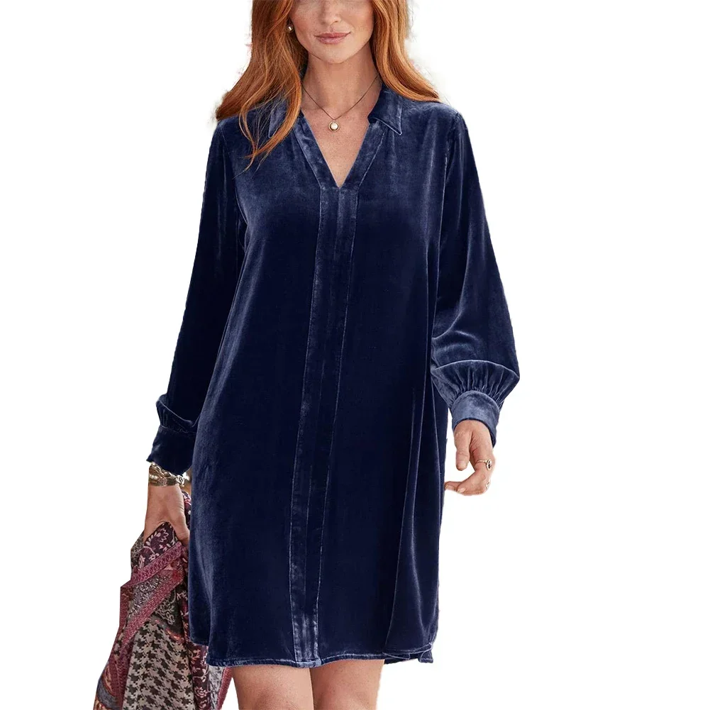 Women Velvet Long Sleeve Dress  Stretch Party Dress  Pullover Blouse  V Neck  Solid Color  Wine Red/Navy/Light Blue