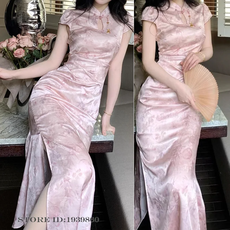 

New Chinese Style Women's Qipao Chinese Dress Sexy Y2K Slim Long Cheongsam Summer Dress Vintage Print Flower Satin Vestidos
