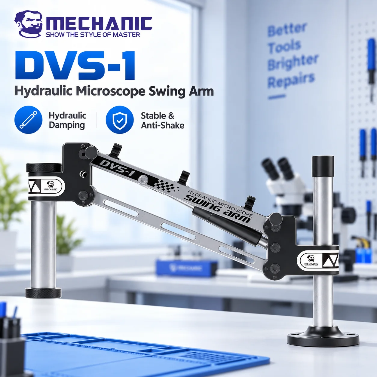 MECHANIC DVS-1 Hydraulischer Stoßdämpfender Mikroskop-Schwenkarmständer, Verstellbare Anti-Vibrations-Halterung für Handy-PCB-Lötreparaturen