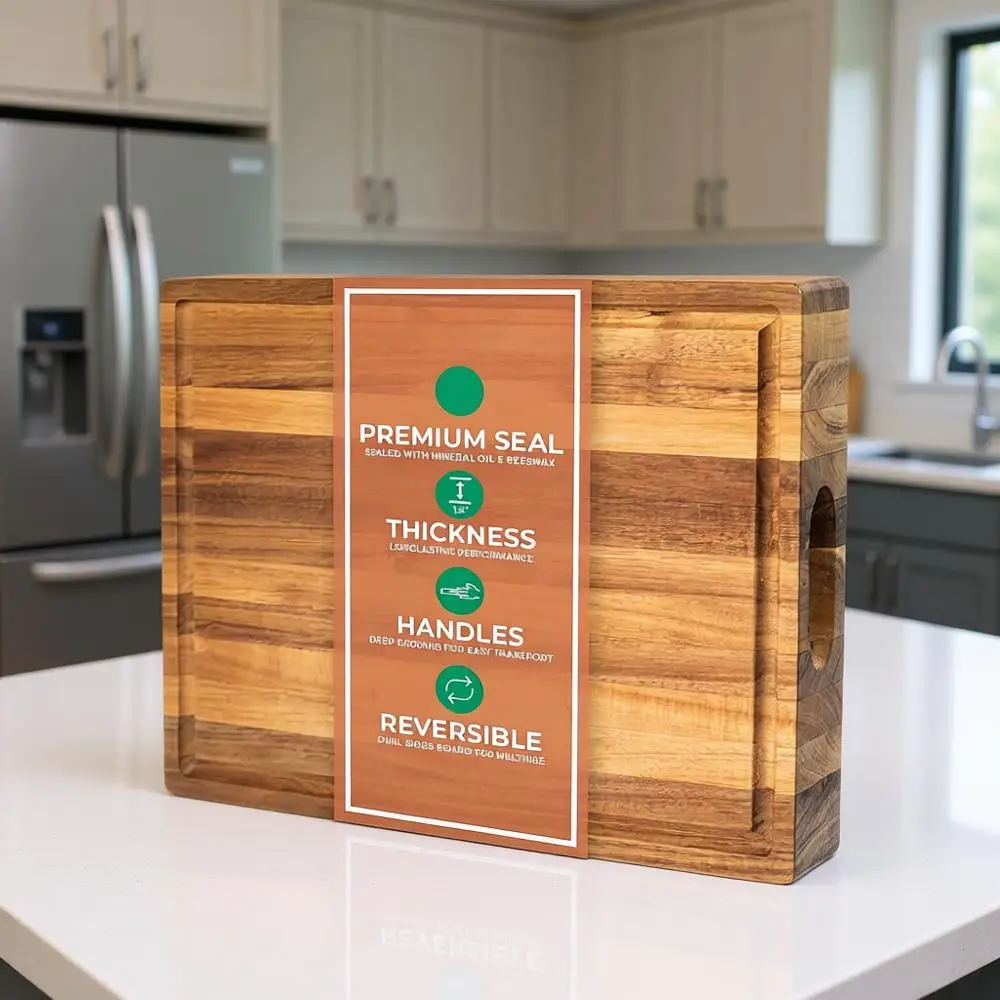 

Толстая разделочная доска из акации 16x12x1.5 дюймов - двусторонняя, с глубоким желобком для сока, идеальна для кухни и закусок