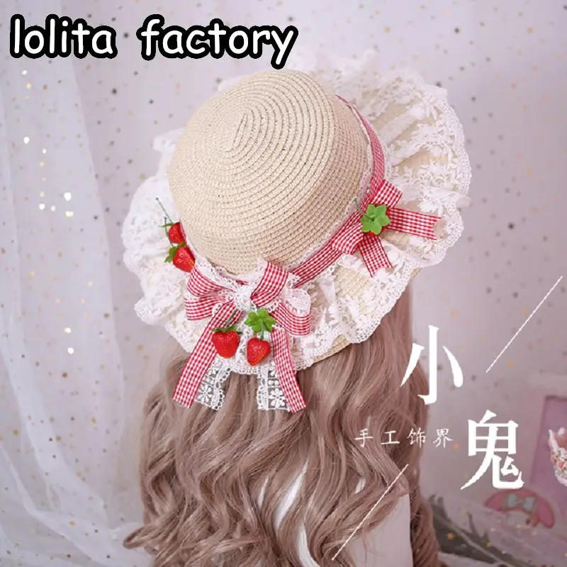 Summer sweet tie plaid pastoral strawberry lace Lolita lo Niang hair hoop soft sister KC head hoop edge clip straw hat sunhat