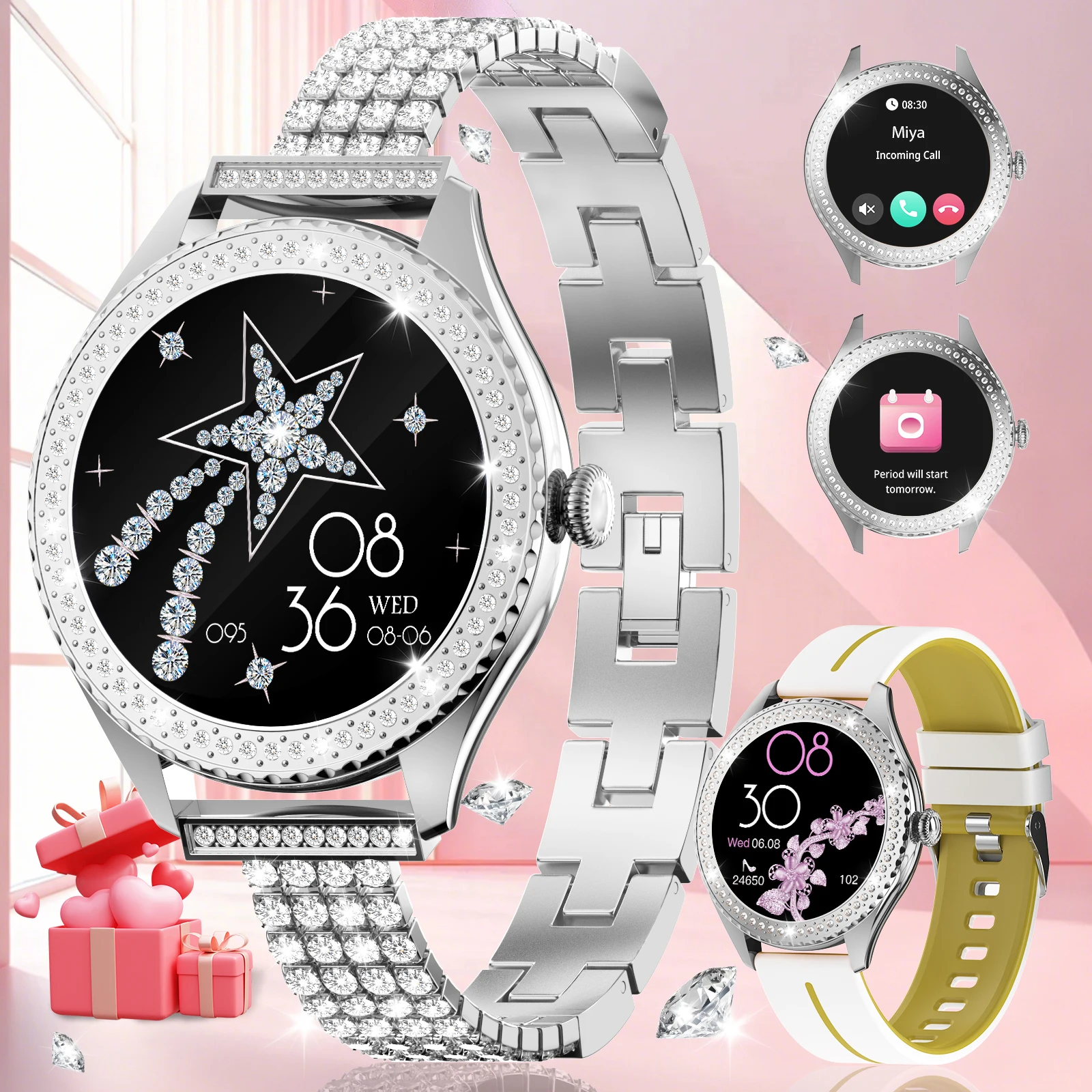 Reloj inteligente para mujer, llamada inalámbrica, frecuencia cardíaca, presión arterial, alarma, pasos, calorías, múltiples modos deportivos, regalo perfecto para mujer