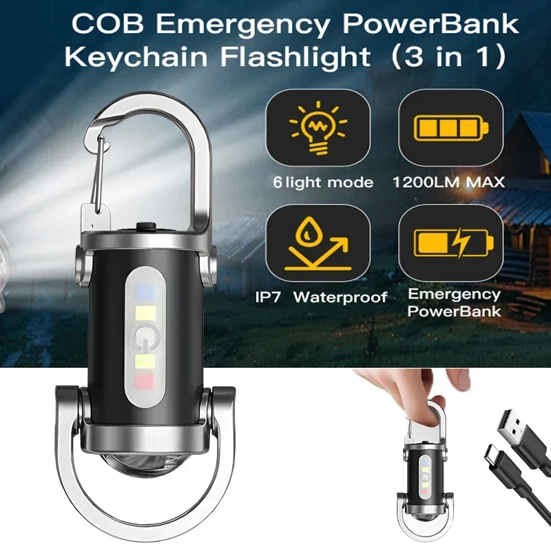1/2Pcs Rechargeable Keychain Flashlight Multifunction COB Work Light 6 Modes Emergency Keychain Light for Walking Search Hiking