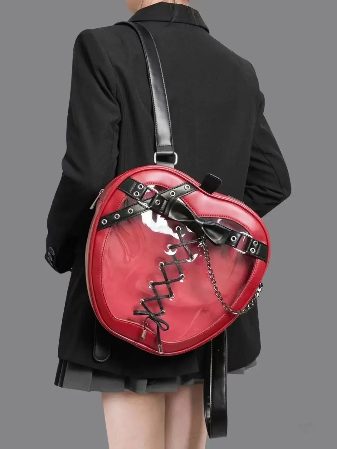 MBTI Design Apple Women Backpack Gothic Jk Girls Fashion High Street Female Backpack Red Punk Pu Leather Casual Aesthetic Bags