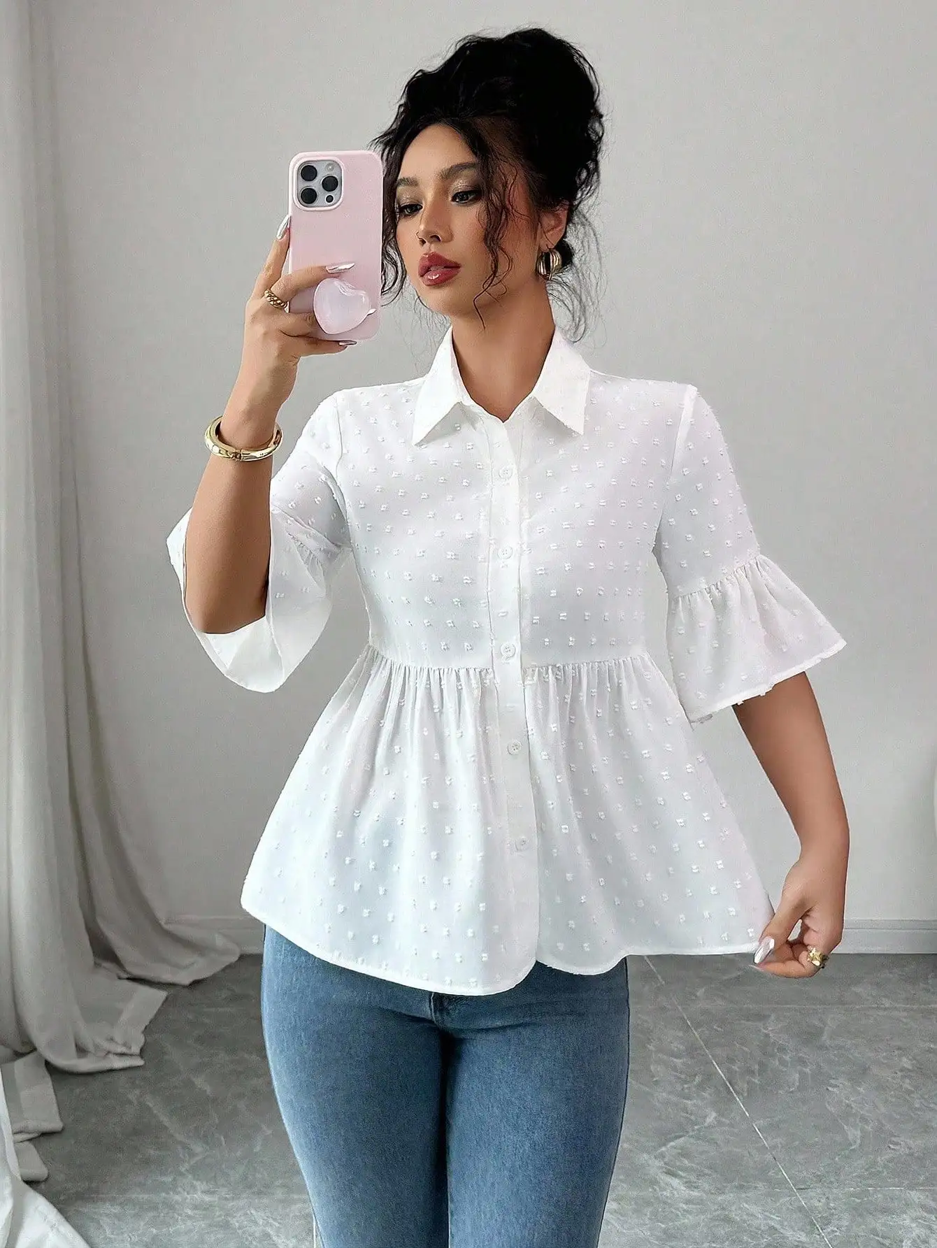 

Women's Summer Solid White Flared Sleeve Ruffle Hem Casual Blouse