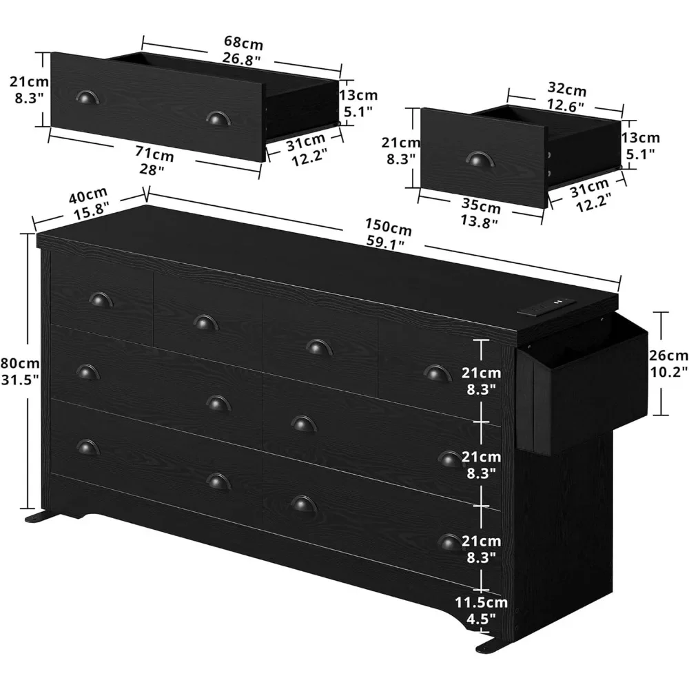 8 Drawer with Charging Station and Storage Bag Wood Storage Chest of Drawers for Bedroom Living Room Hallway Entryway