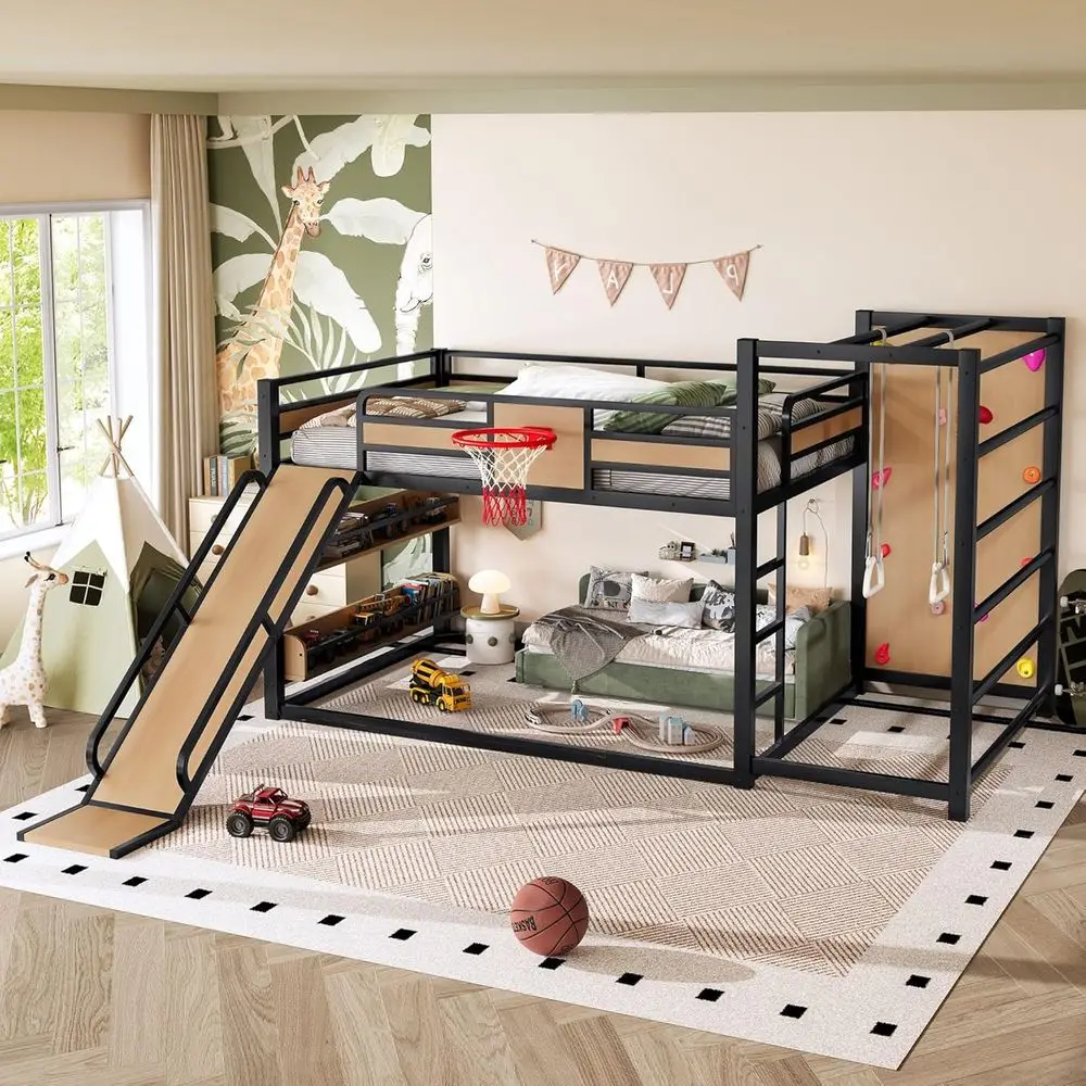 

Sturdy Metal Bunk Bed with Slide, Basketball Hoop, Bookshelves, and Climbing Wall for Kids and Teens in Yellow and Black