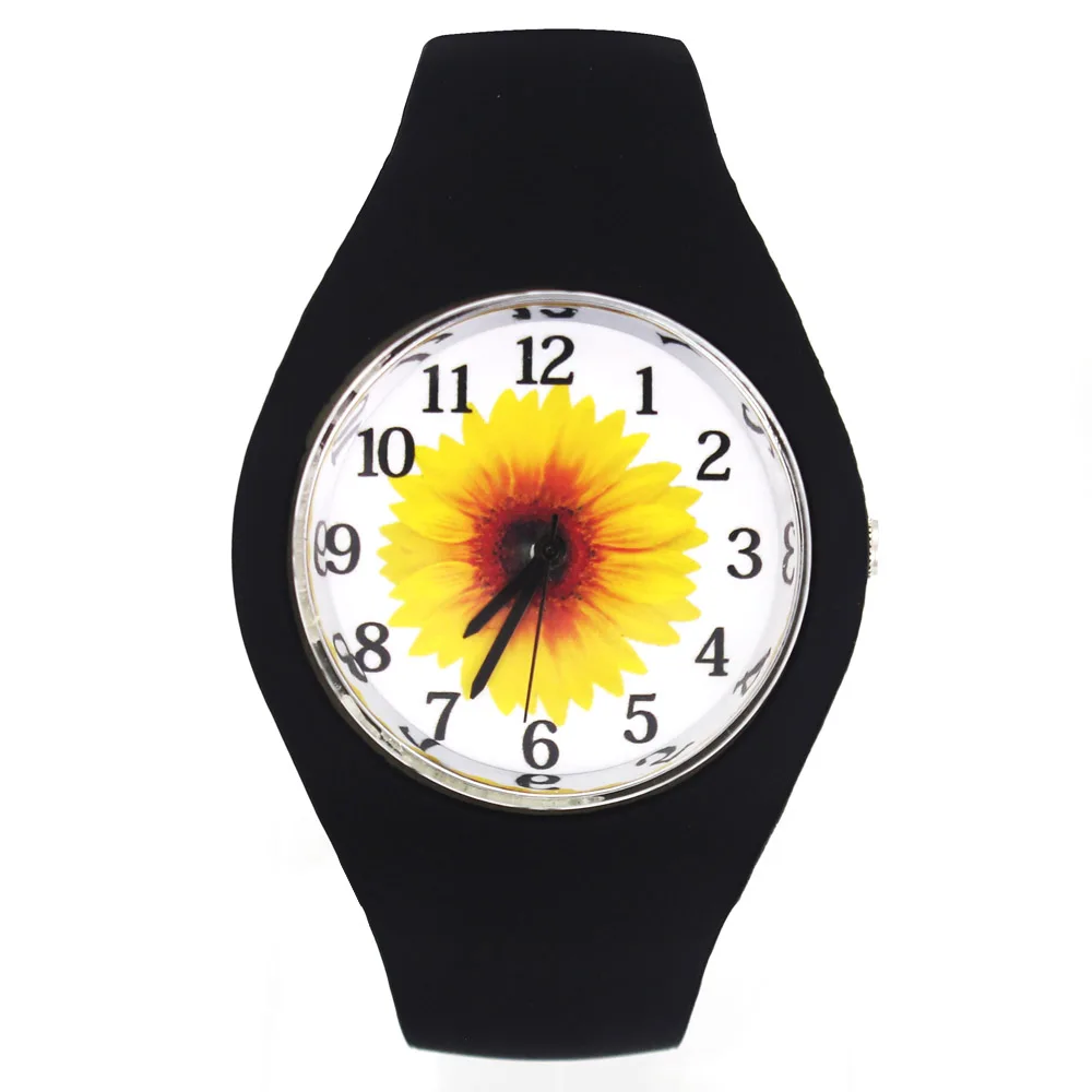 عباد الشمس زهرة الشمس نمط أزياء النساء الرجال الرياضة لينة سيليكون حزام كوارتز ساعة اليد