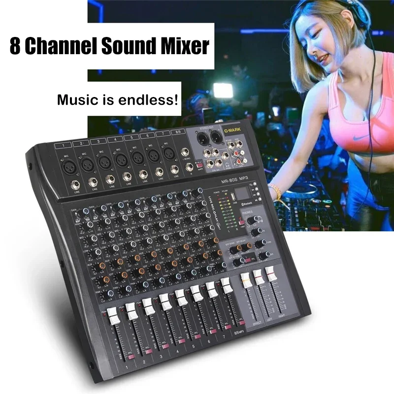 Mezclador de Audio profesional, consola de mezcla de 8 canales, placa de sonido Bluetooth, reverberación USB para PC, estudio de escenario, controlador de DJ, Podcast