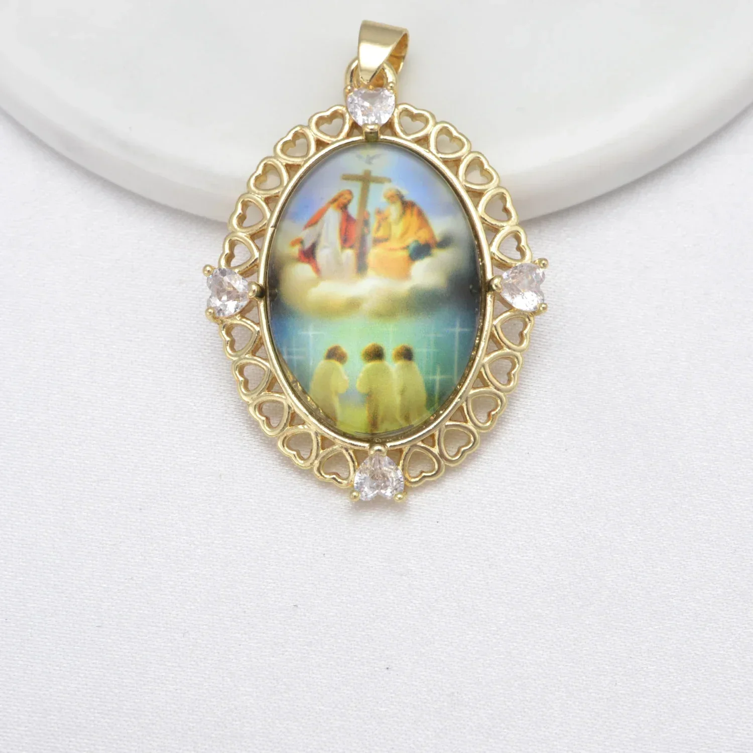 8 Pcs Jesus Virgin Mary Pendant DIY Necklace Jewelry Making Heart Hollow Gold Rim Oval Accessories Christian Brass Plated Charms