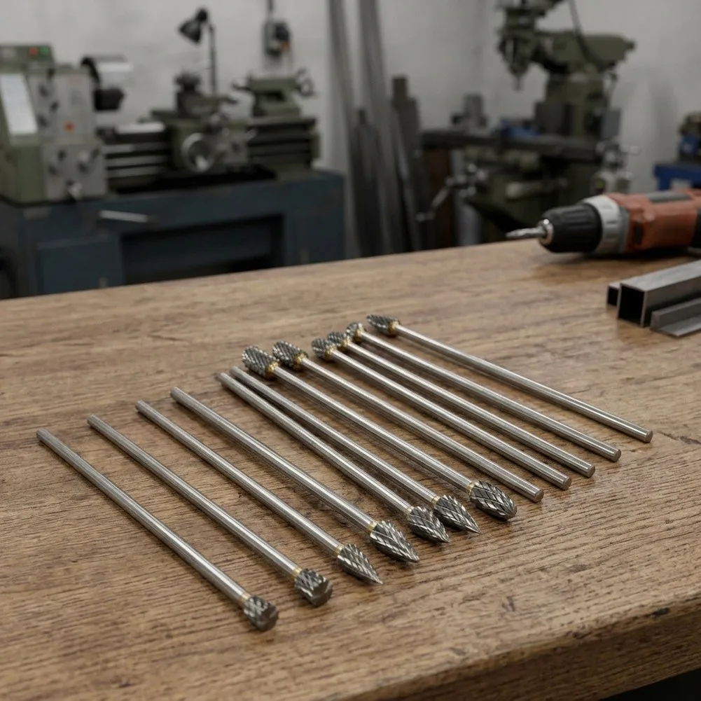 10PCS 3x6x100mm for Solid Carbide Rotary Burrs Set for Grinding Cutting Metal Wood with 1/8 Inch Shank Compatible with Rotary