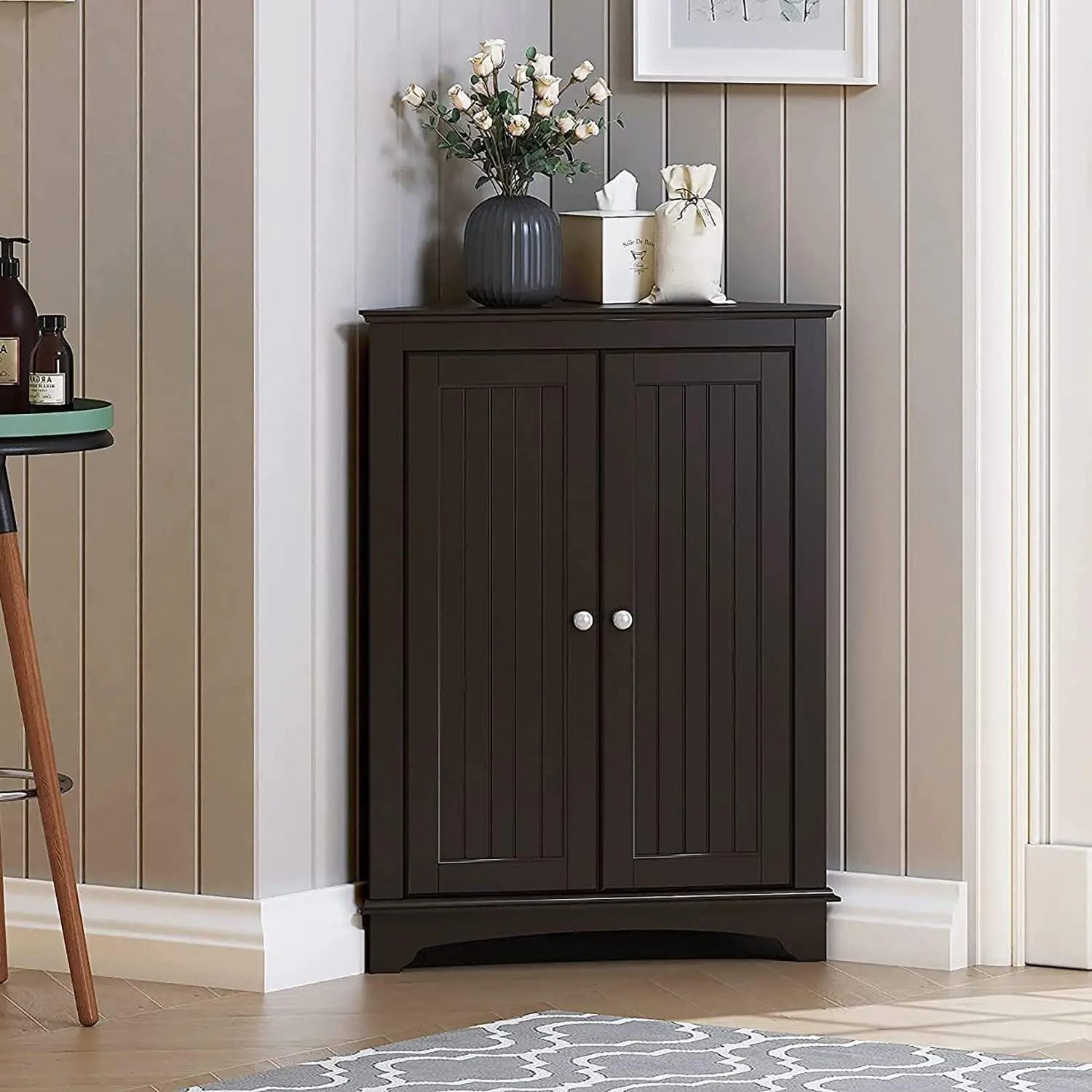 

Cabinet with Two Doors and Shelves, Free-Standing Corner Storage Cabinets for Bathroom, Kitchen, Living Room