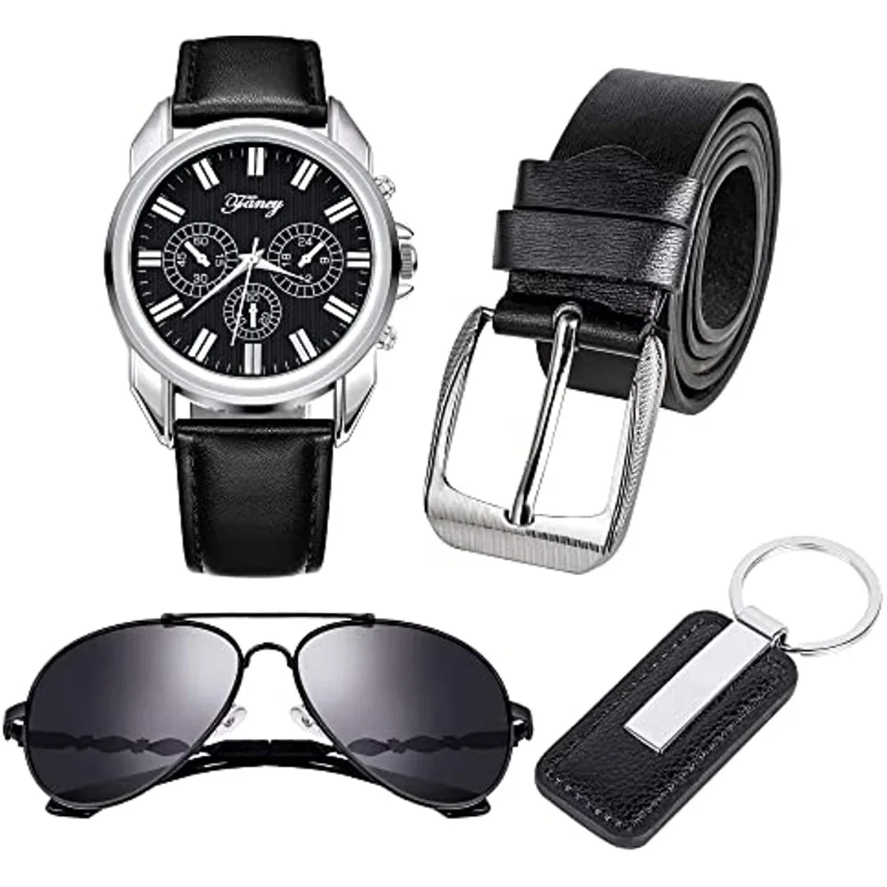 4Pcs/Set Fashion Watches for Men Birthday Gift Set with Box Man Watch Belt Keychain Sunglasses Gift Box Wedding Fathers Day Gift