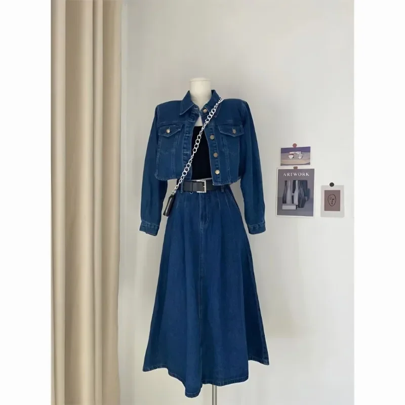 Women's Set 2024 Autumn New Retro Blue Polo Neck Denim Short Coat Slim High Waist Half Length Dress Casual Fashionable Two Piece