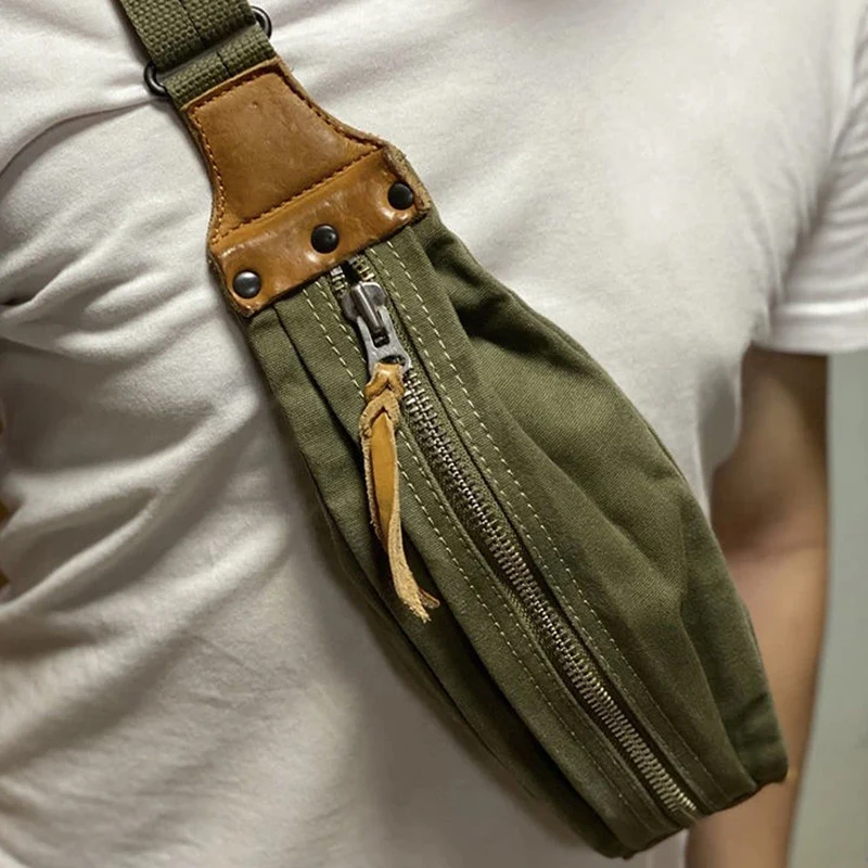 

Sling Canvas Genuine Leather Chest Bag For Men Vintage Handmade Casual Travel Small Sports Shoulder Bag Crossbody Bags Pouch