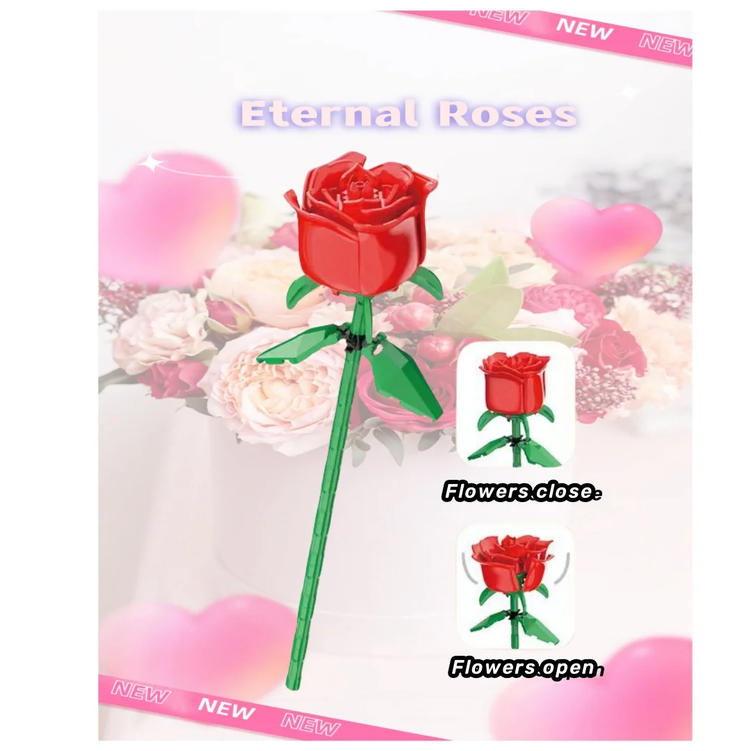 Ramo de rosas eternas de 1 piezas, macetas de rosas de bloques multicolor, juguetes de rompecabezas de bloques 3D, se pueden usar como regalos para el Día de San Valentín