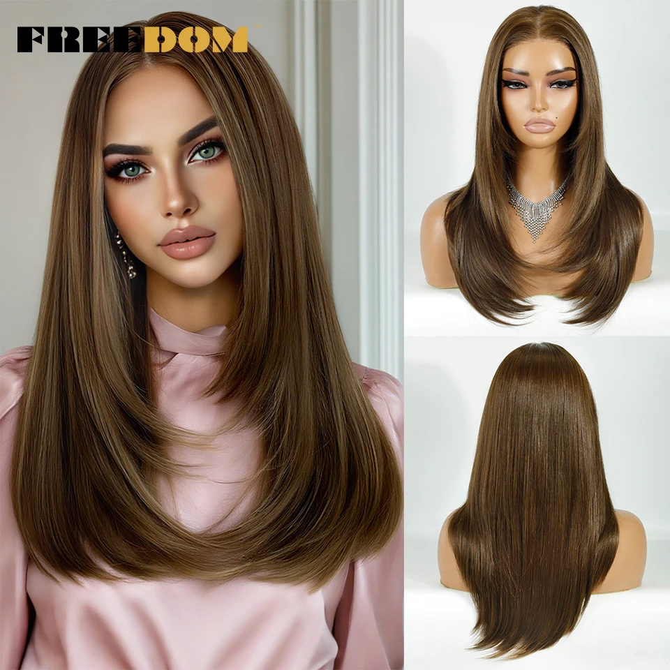FREEDOM Synthetische Lace-Front-Perücken für Frauen, 20 Zoll, 13x3, glatt, vorgezupft, geschichtete Spitzenperücken, Ombre Braun Blond, Perücke für den täglichen Gebrauch – Detail 8