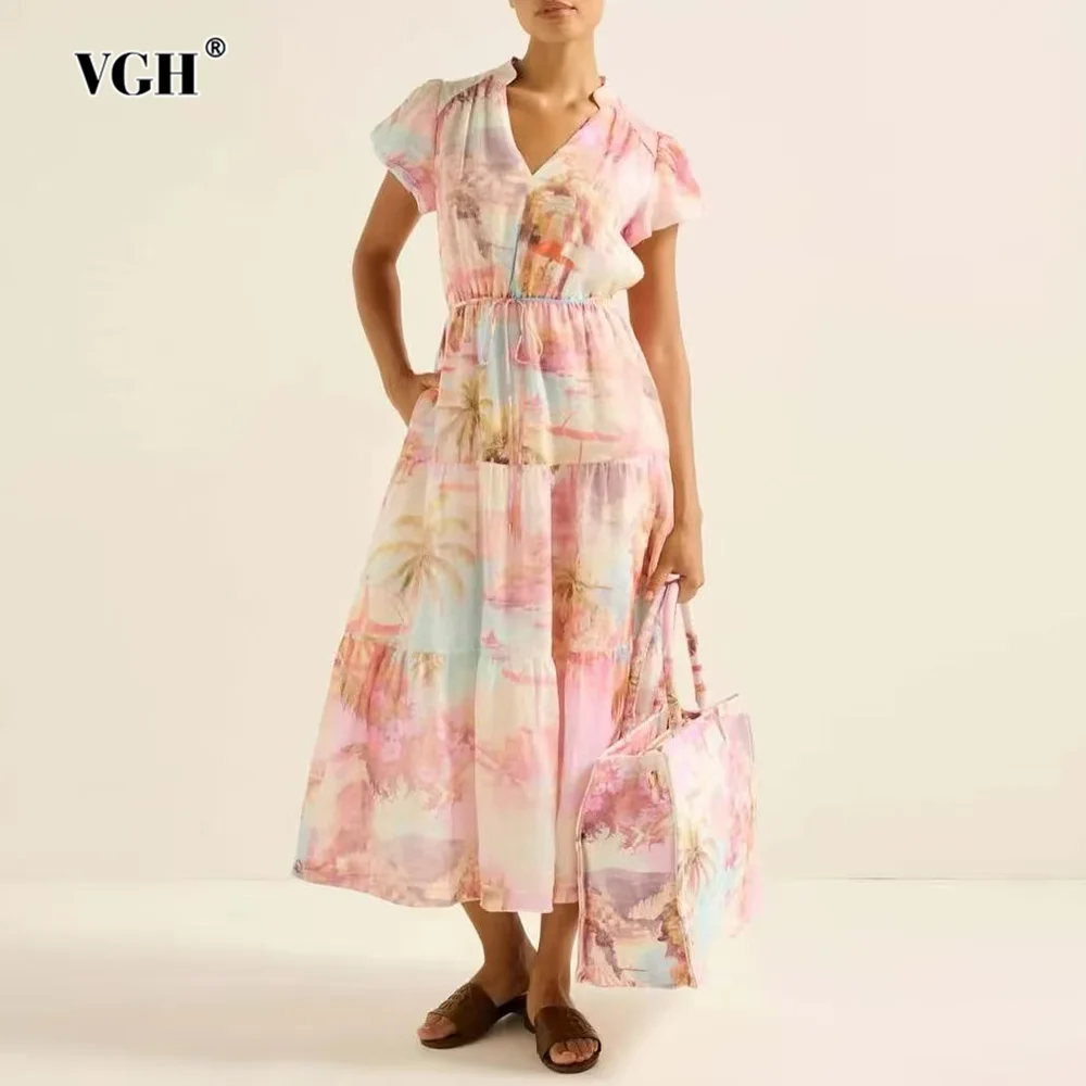 

VGH Vacation Spliced Lace Up Printed Dress for Women V Neck Short Sleeve High Waist Patchwork Folds Dresses Female Summer Style