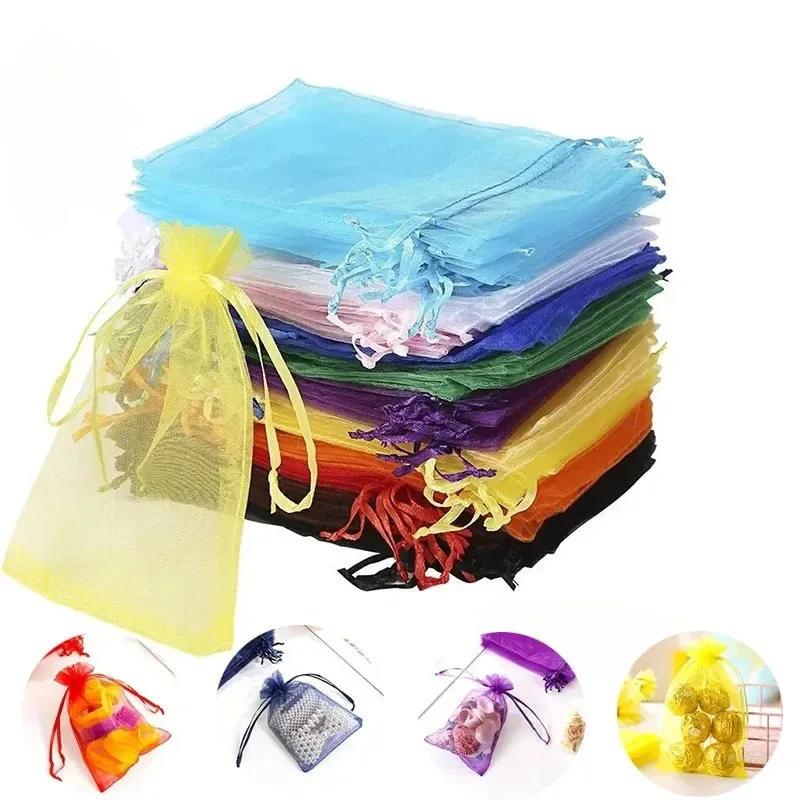 50PCS Solid Color Drawstring Mesh Bag Transparent Jewelry Packaging Bag Wedding Party Valentine's Day Gift Packaging