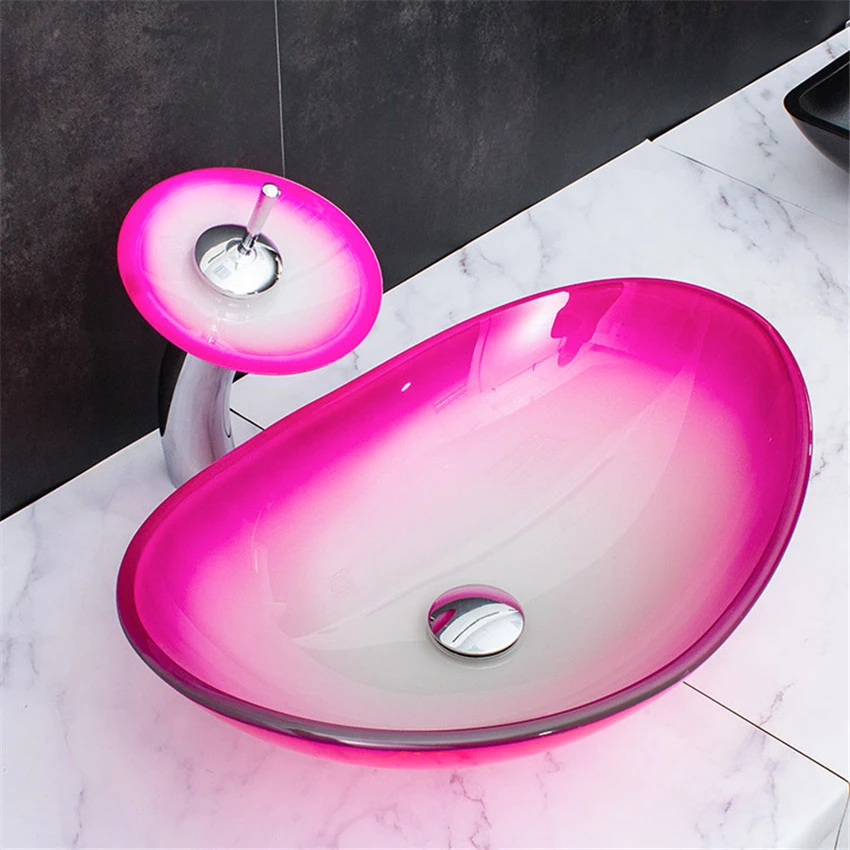 Bathroom Washbasin Tempered Glass Sinks Gradient Rose Red Oval Simple Nordic Washroom Countertop Basin With Tap