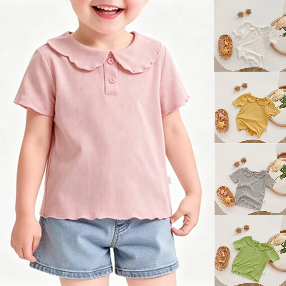 Baby Girl Short Sleeve Shirts Summer Kids Lotus Leaf Collar Solid Color Casual Tee Tops Toddler Thin Tees 1-6Y Children Clothes