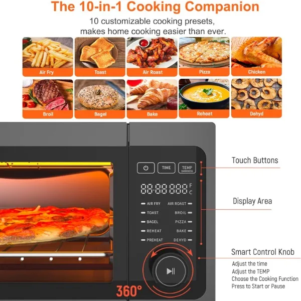 เตาปิ้งขนมปังหม้อทอด Air fryer Combo-fabuletta 10-in-1เคาน์เตอร์เตาอบพา1800W, พลิกขึ้นและออกไปความสามารถสำหรับพื้นที่จัดเก็บ