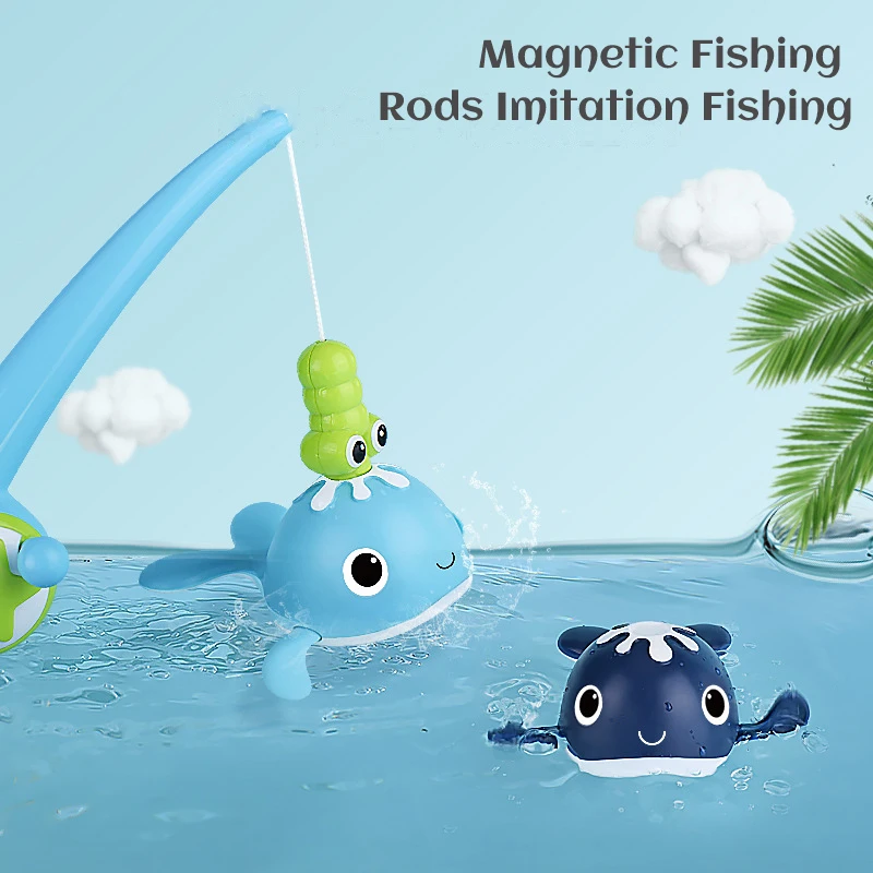 Baby Bath Fishing Toys Magnet Whales Bathtub Toy Fishing Games Kids Bathtub Floating Water Toys Fishing Pole Net Toys Set Gift