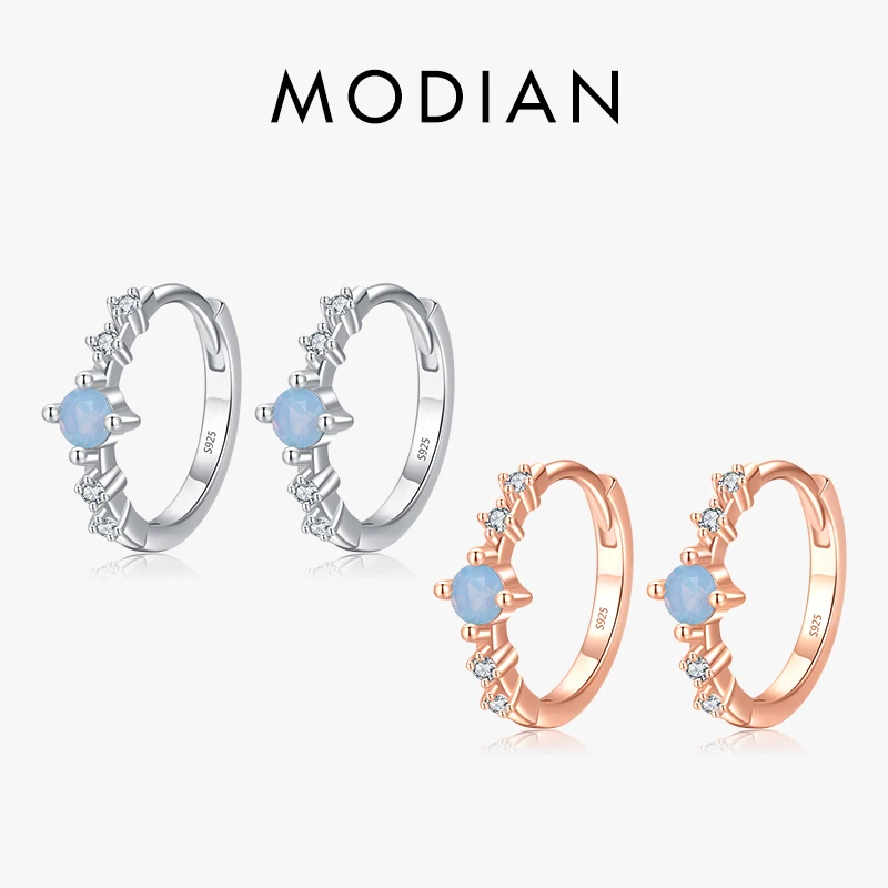 Modian Fashion 925 Sterling Silver Blue Round Opal Charm Kobieca klamra do uszu dla kobiet Drobna biżuteria Hipoalergiczne kolczyki kółka