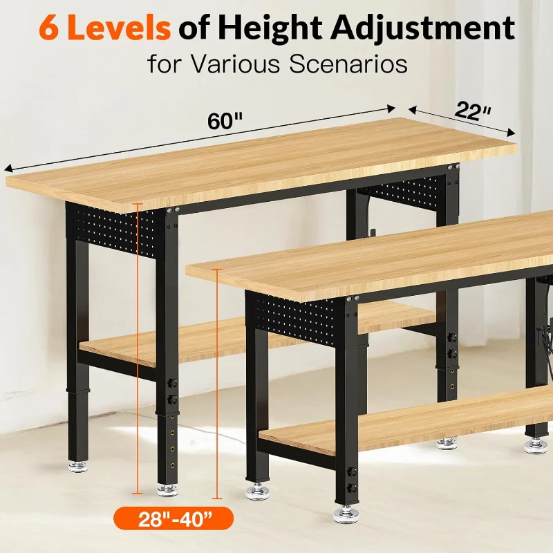 60“ Adjustable Height Workbench Work Bench for Garage Work Table with Under Table Shelf Heavy Duty Rubber Wood Top