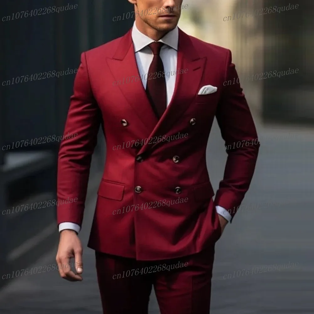 New Male Burgundy Formal Occasion Men Suit Wedding Party Groom Groomsman Tuxedos Bridegroom Costume 2 Piece Set Blazer Pants