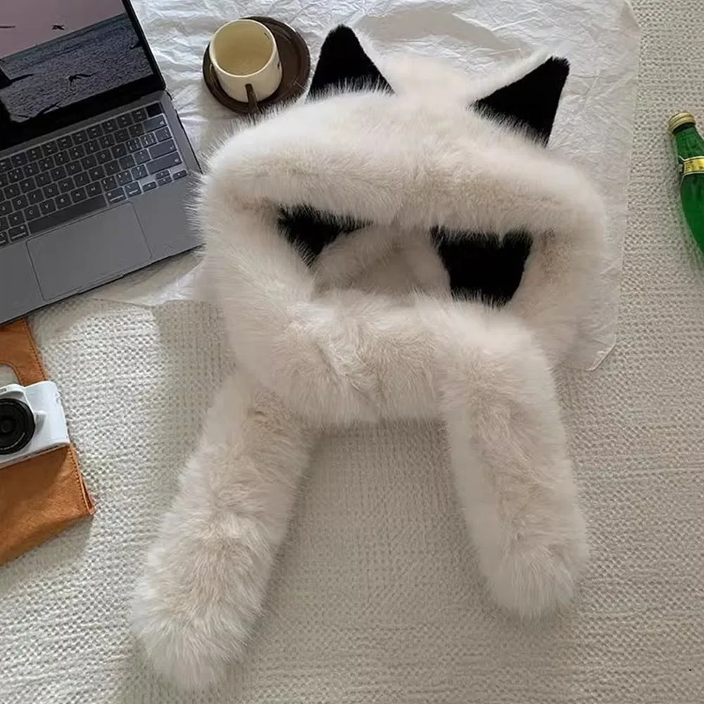 

Мягкая плюшевая интегрированная шапка, шарф, защита ушей, теплая шапочка из искусственного меха, длинный шарф, шапка на шею, теплая зимняя теплая шапка-шапка, шарф