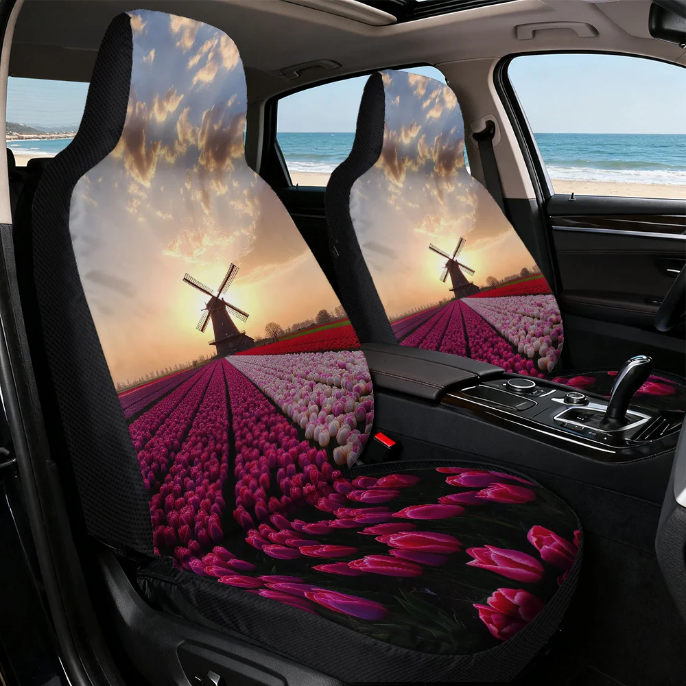 2D Flat Printing, 2pcs Tulip Field Windmill Landscape Scenery Print Car Seat Cover Set, Suitable For Most Cars, Fashionable Uniq