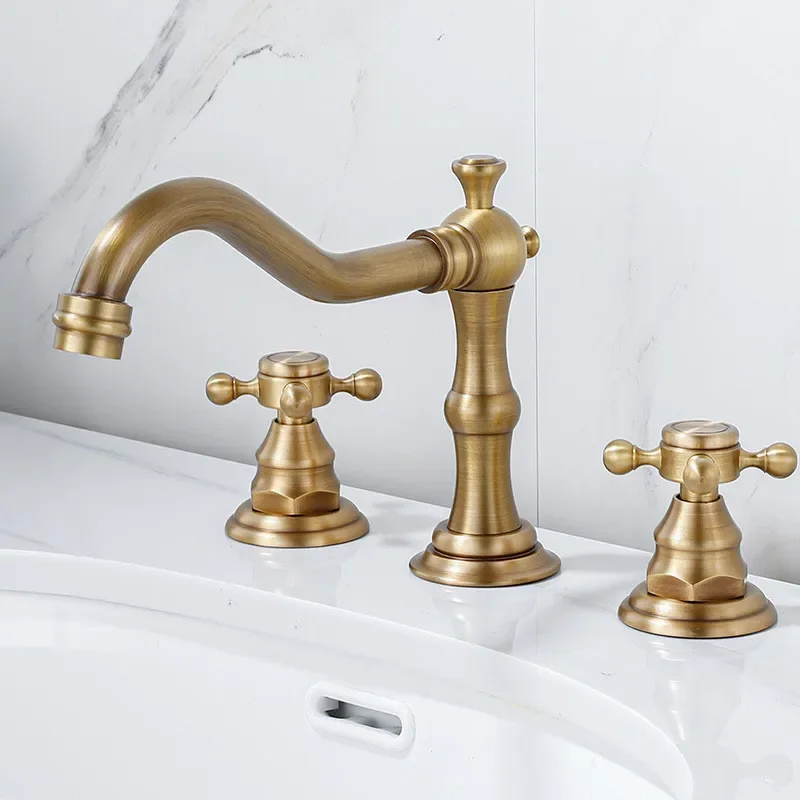 

Antique Basin Faucet Brass Gold Bathroom Chrome Sink 3 Hole Double Handle Hot & Cold Wash Water Tap